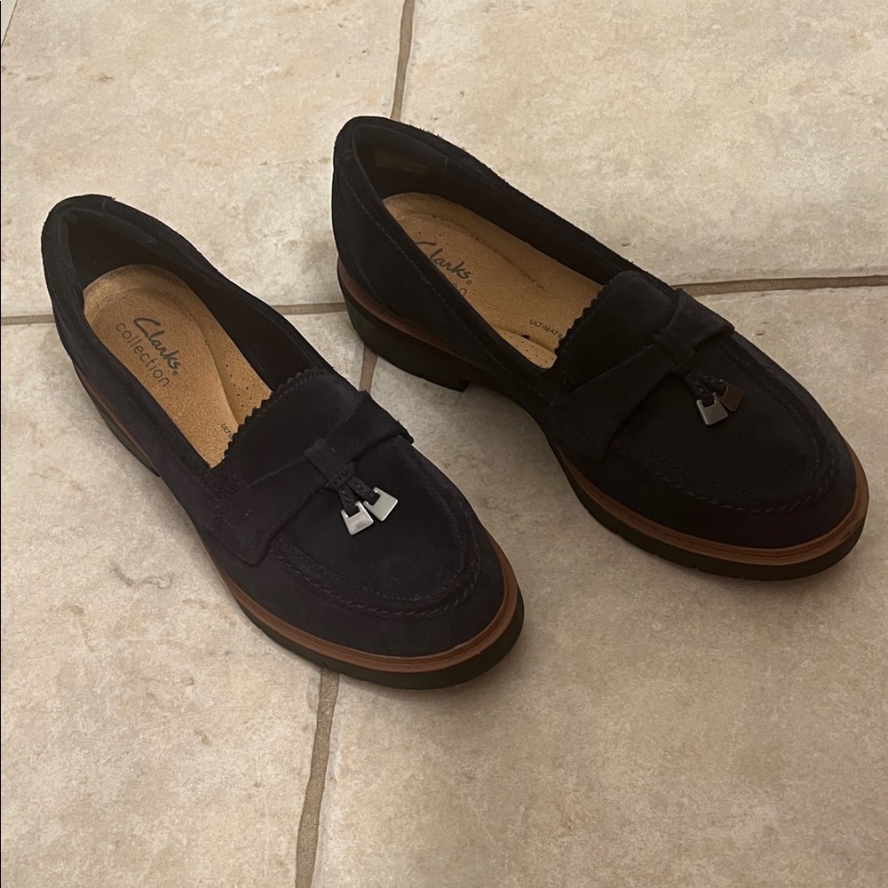 Navy Suede Clarks Westlynn Bella Leather Slip-On Loafers with Tassels Size 8.5 - Picture 3 of 16